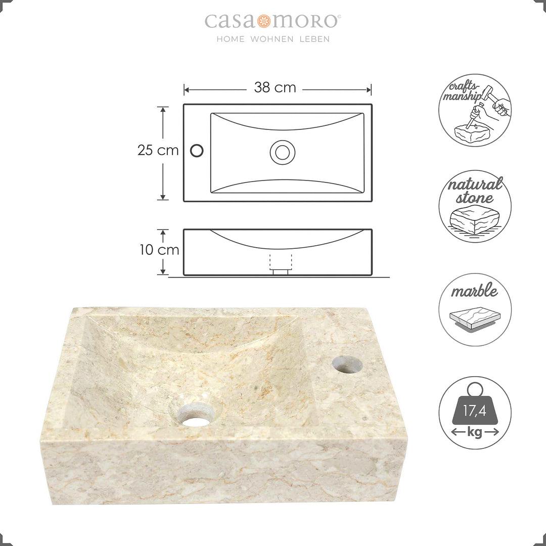 Lavabo carré en pierre naturelle claire avec trou pour robinetterie, complété par des graphiques dimensionnels avec largeur, profondeur, hauteur et poids
