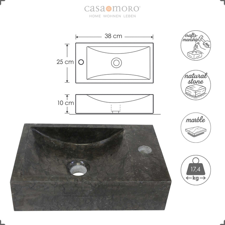 Vasque à poser carrée en marbre à grain foncé, illustrée avec les dimensions de largeur, de profondeur et de hauteur ainsi que les symboles d'artisanat, de pierre naturelle, de marbre et de poids