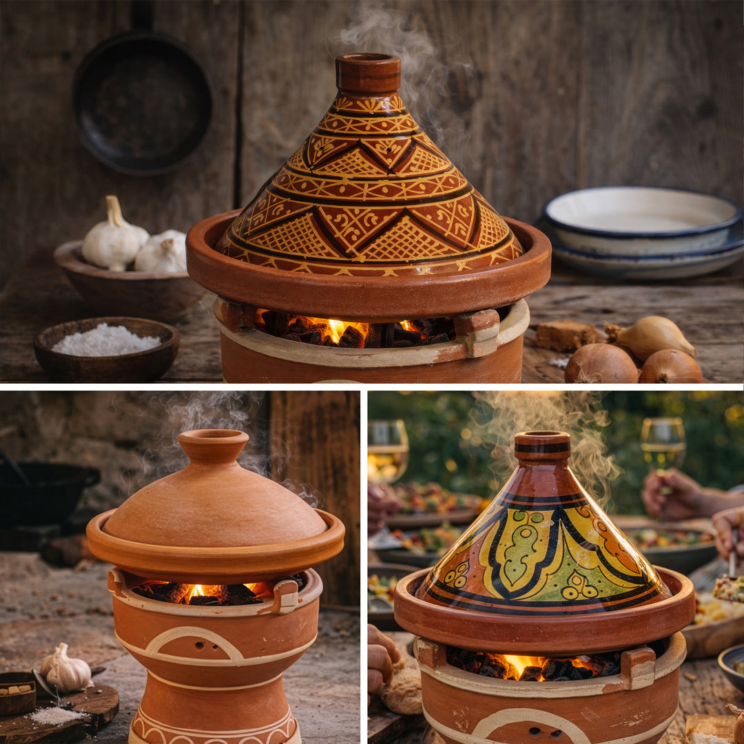 Tajine sur réchaud en argile mejmar pour charbon de bois, grill de table marocain avec Tagine Variantes de style marocain