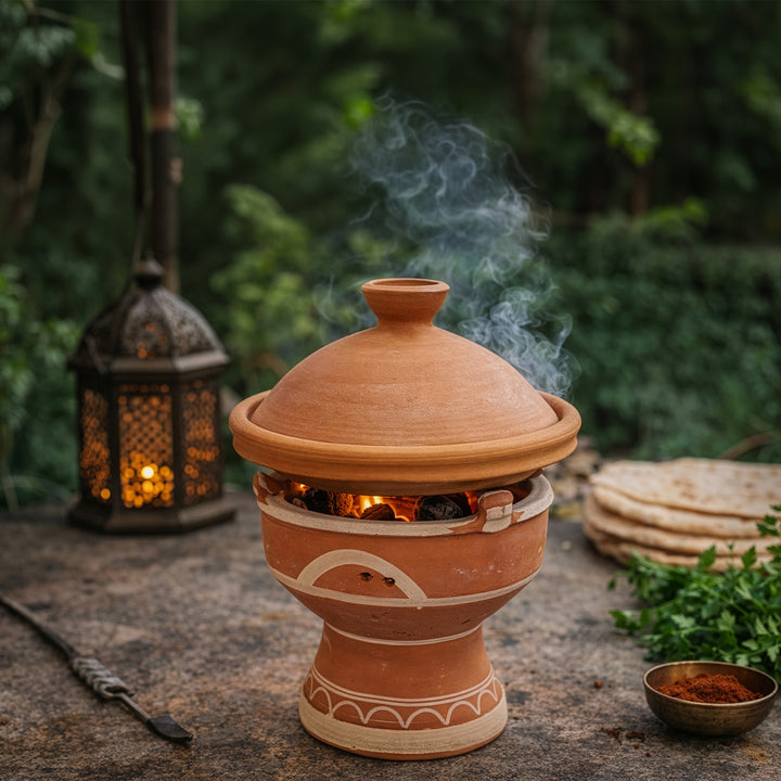 Réchaud en argile Mejmar pour charbon de bois, marocain Tajine Grill de table avec braises ouvertes dans le jardin