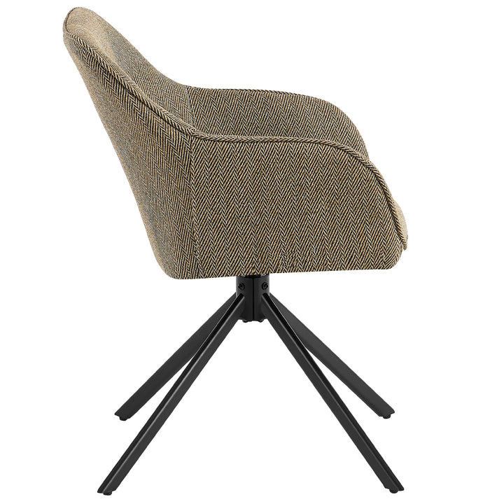 Seitenansicht eines 360° drehbaren Polsterstuhls mit Armlehnen in Braun, gepolsterter Strukturstoff im Fischgrätmuster und schwarzes Metallgestell