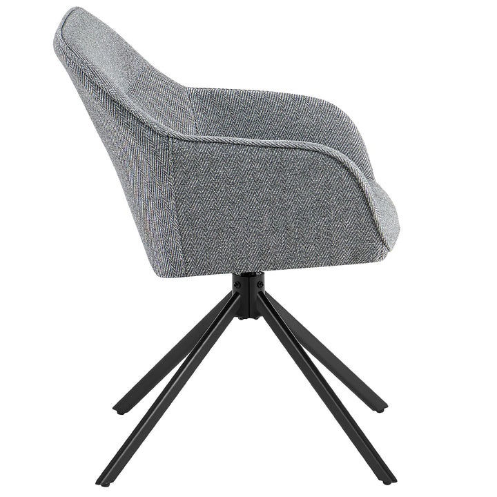 Seitenansicht eines 360° drehbaren Polsterstuhls mit Armlehnen in Grau, gepolsterter Strukturstoff im Fischgrätmuster und schwarzes Metallgestell
