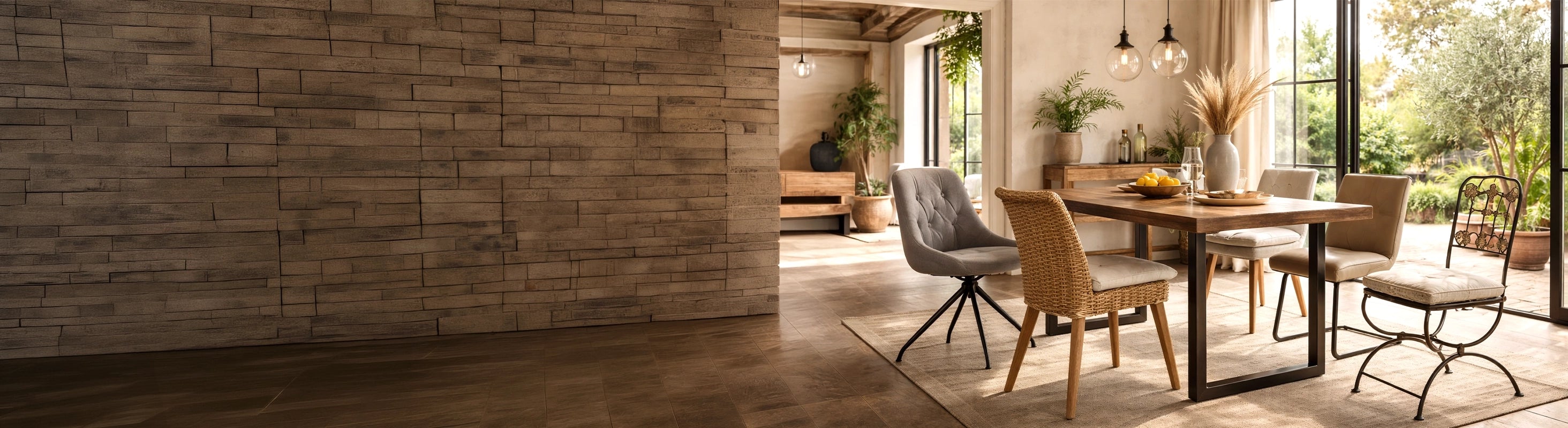 Chaises – verschiedene Stühle aus Metall, Holz, Rattan und Polster am Esstisch im Wohnraum – Kombination aus Esszimmerstühlen für modernes Wohnen