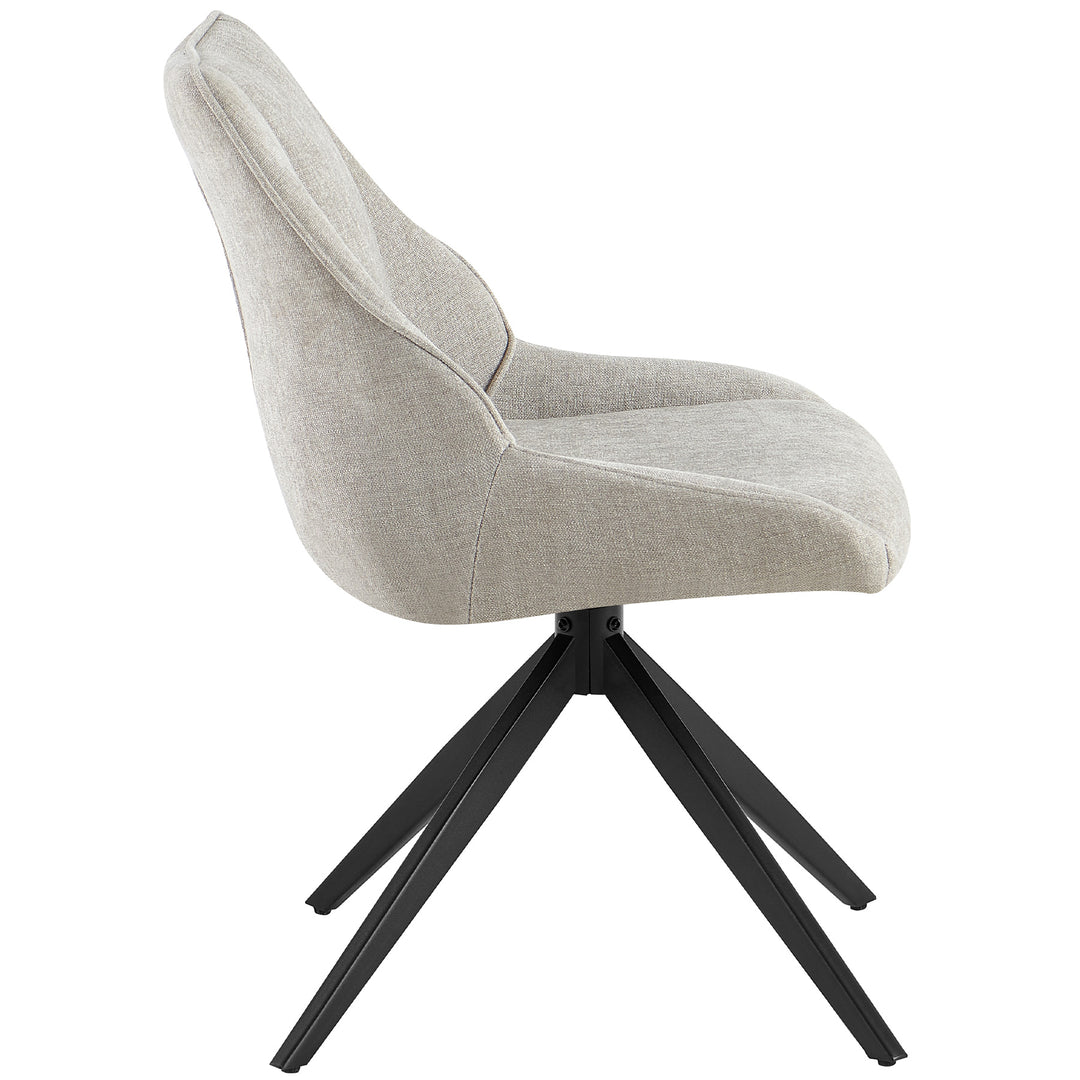 Seitenansicht des 360° drehbaren Esszimmerstuhls in Hellgrau mit Rückenlehne und schwarzem Metallgestell – gepolsterter Stuhl mit ergonomischer Form und Auto-Return-Funktion