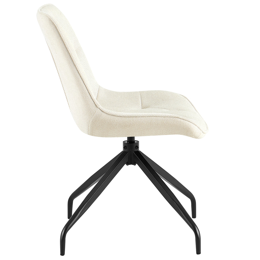 Seitenansicht des Polsterstuhls 360° drehbar in Beige mit schwarzem Metallgestell – ergonomische Form mit weicher Polsterung und eleganter Linienführung