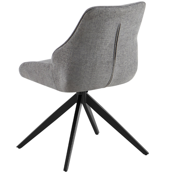 Rückansicht eines 360° drehbaren Esszimmerstuhls in Grau mit gepolsterter Rückenlehne und schwarzem Metallgestell in moderner Stativform