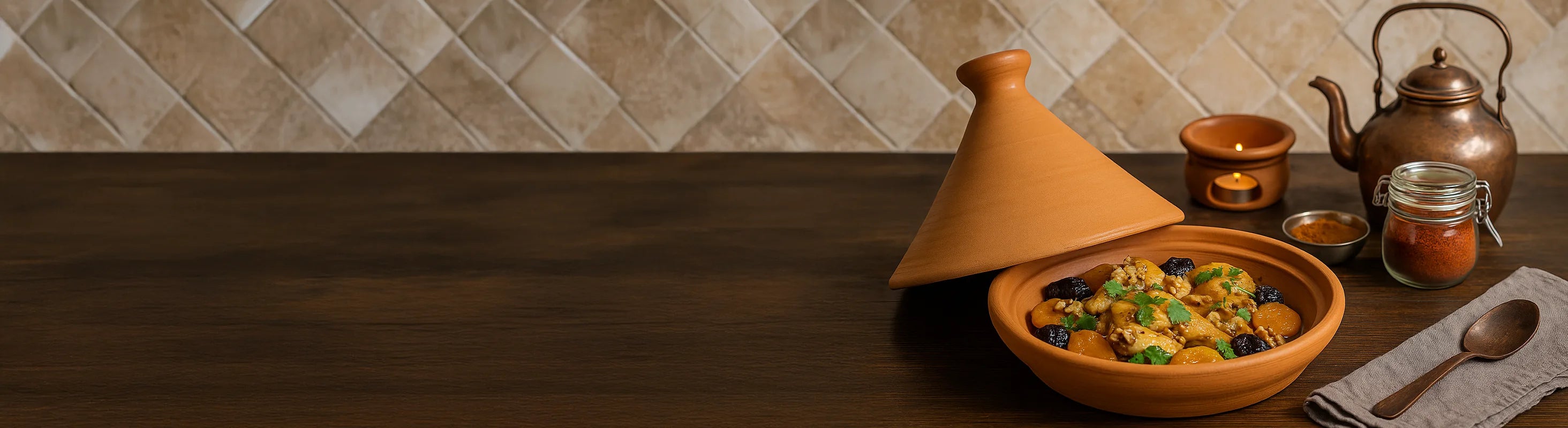 Marocain Tajine – Tagine farci de viande braisée, d'abricots et de fruits secs, agrémenté de coriandre fraîche