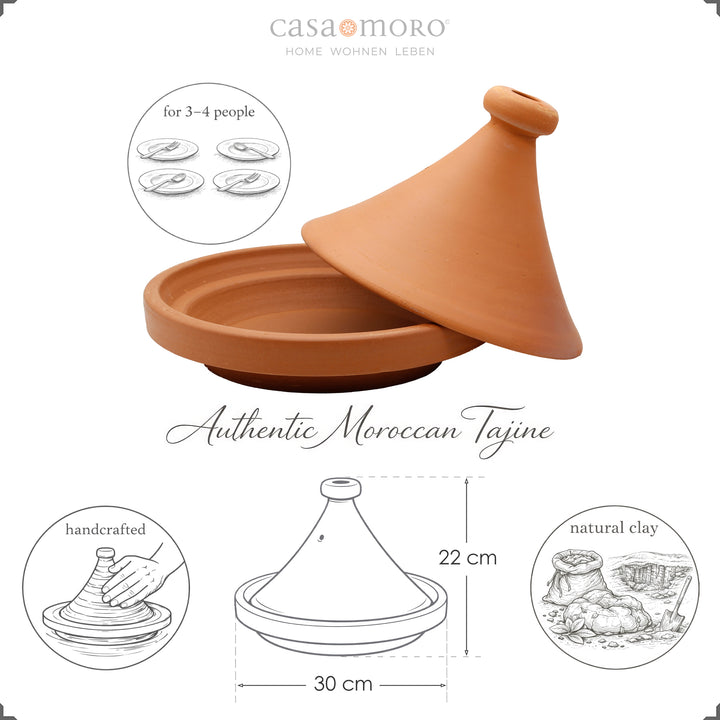 Tajine sans glaçure 30 cm du Maroc, pour 3-4 personnes, fait main et naturel