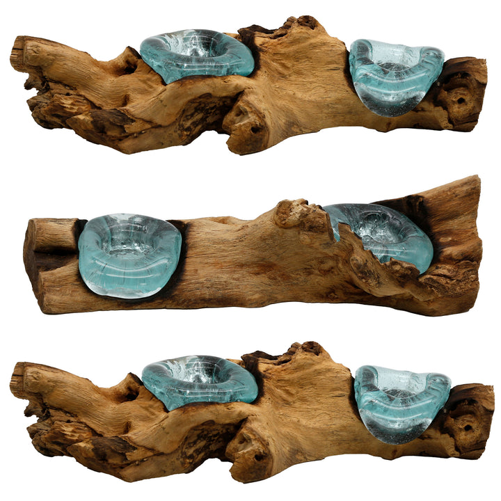 Drei Varianten des länglichen Teelichthalters aus Glas und Wurzelholz, jede mit individueller Form und handgefertigtem Charakter.