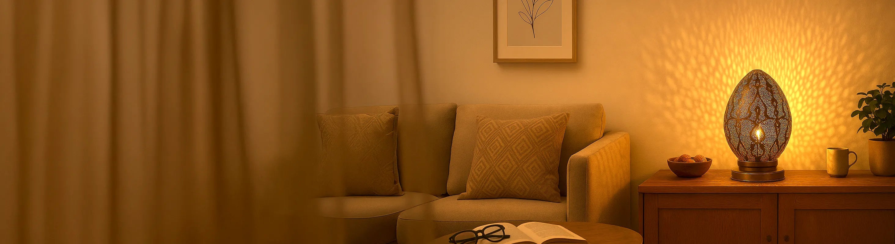 lampes de table – Wohnzimmer mit handgefertigter Tischlampe aus Metall – stimmungsvolle Beleuchtung auf Sideboard neben Sofa