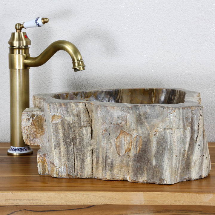 Pierre naturelle Lavabo Fabriqué en bois pétrifié avec une structure fossile distinctive sur une plaque de bois, combinée à un raccord en laiton