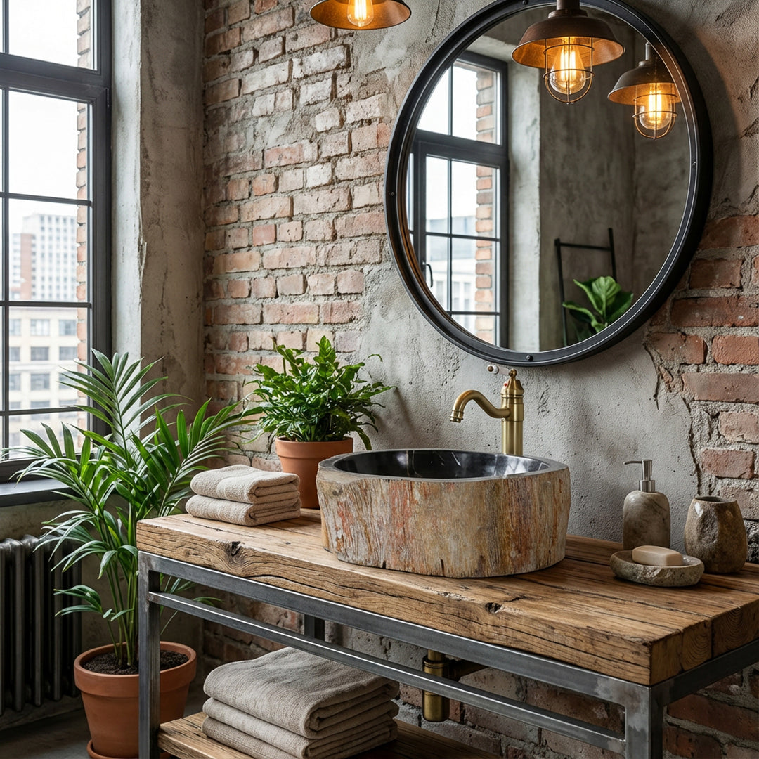Lavabo en pierre en bois pétrifié comme lavabo à poser, lavabo rond en pierre naturelle sur console bois-métal dans une salle de bain industrielle avec mur de briques.