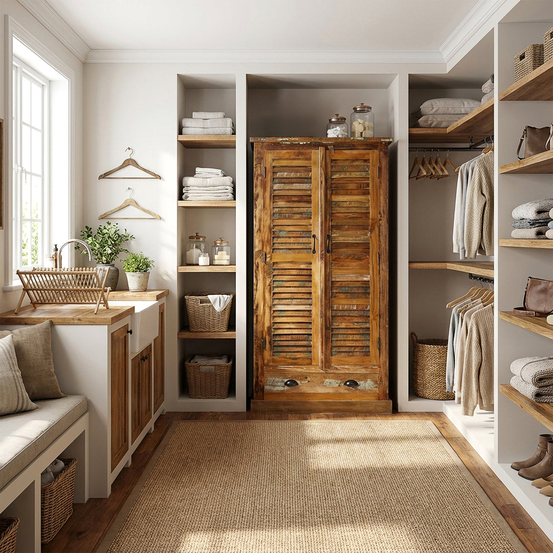 Schrank aus Massivholz und Altholz im Vintage-Stil, im Schlafzimmer platziert