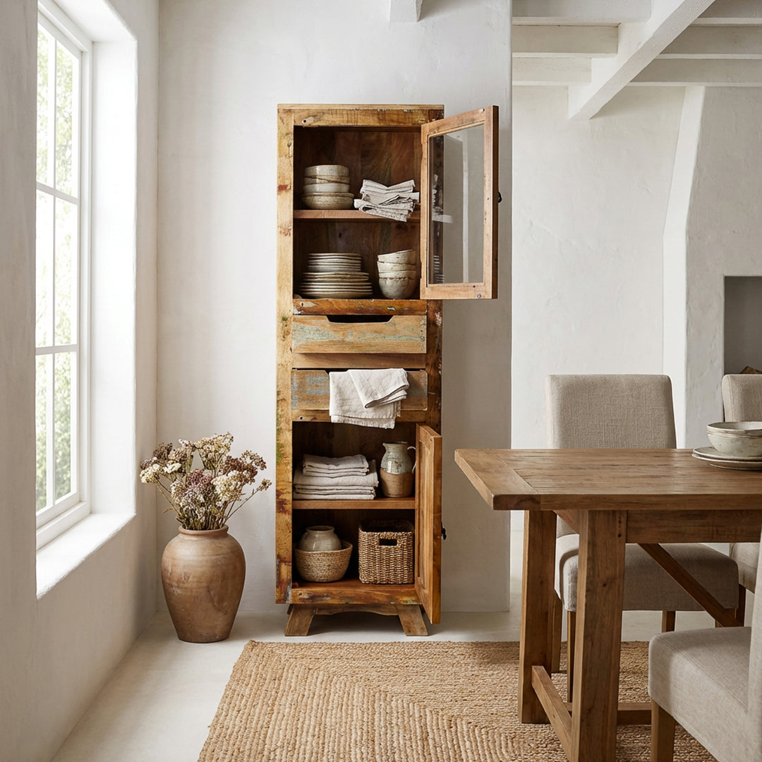Vitrine en bois massif et vieux bois avec tiroir et portes de style maison de campagne, placée dans la salle à manger