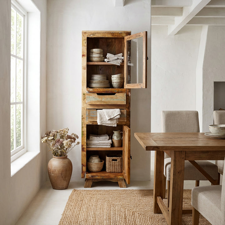 Vitrine en bois massif et vieux bois avec tiroir et portes de style maison de campagne, placée dans la salle à manger