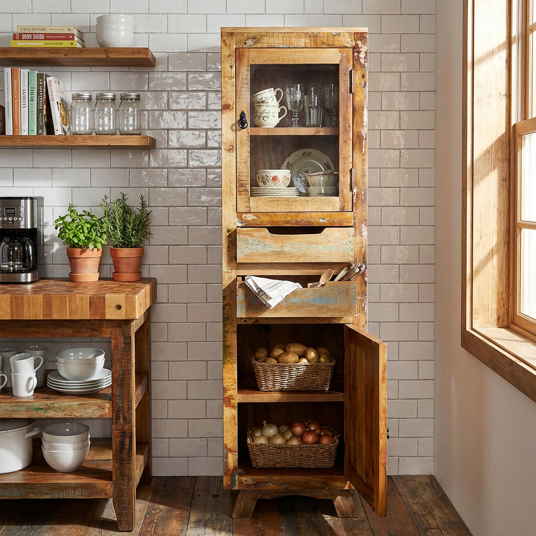 Vitrine en bois massif et vieux bois avec tiroir et portes de style maison de campagne vintage, placée dans la cuisine