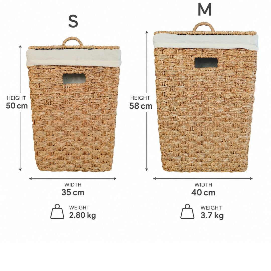 Dimensions des paniers carrés en jonc de mer : S 35 × 35 × 50 cm, 2,8 kg, environ 55 litres ; M 40 × 40 × 58 cm, 3,7 kg, environ 85 litres.