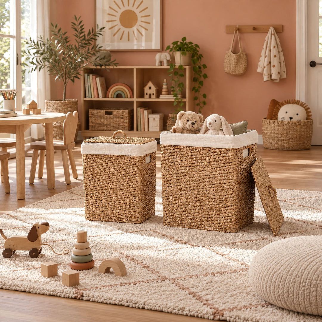 Paniers en jonc de mer en chambre d’enfant : petit fermé à gauche, grand avec peluches et couvercle appuyé à droite.