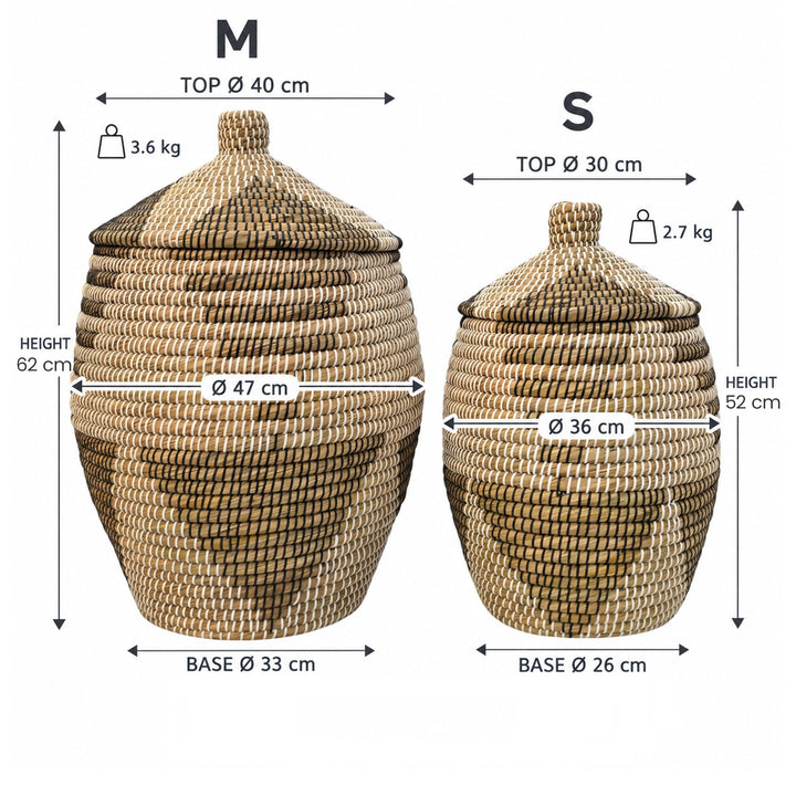 Dimensions des paniers en jonc de mer M et S : hauteurs totales 62 et 52 cm, Ø max. 47 et 36 cm ; autres mesures et poids.