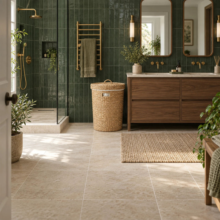 Panier à linge en jonc de mer avec couvercle et d'une capacité de 75 litres, placé à côté d'un lavabo en bois dans une salle de bains carrelée de vert.