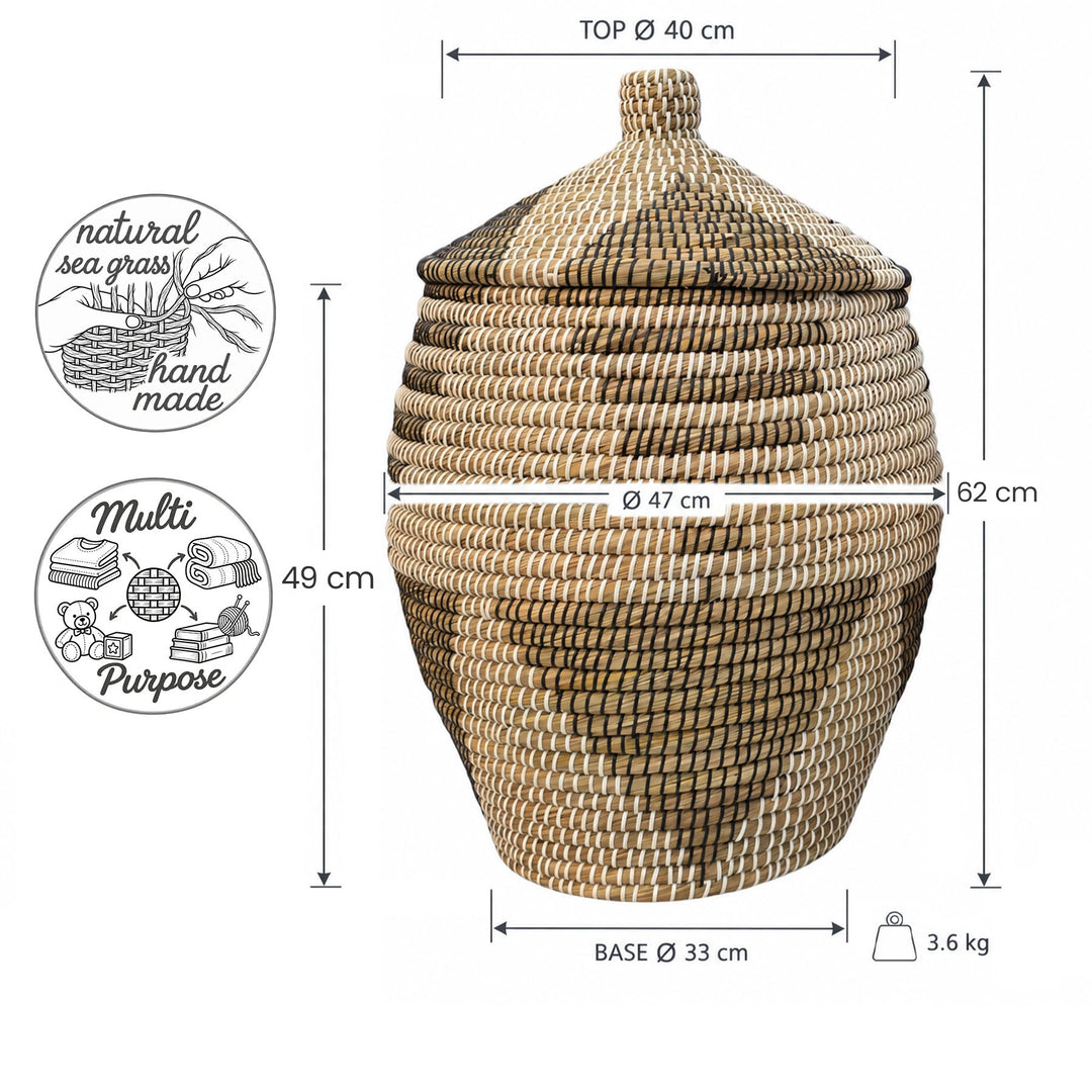 Panier en jonc de mer : hauteurs 62 cm avec et 49 cm sans couvercle ; Ø max. 47, haut 40, base 33 cm ; 3,6 kg.