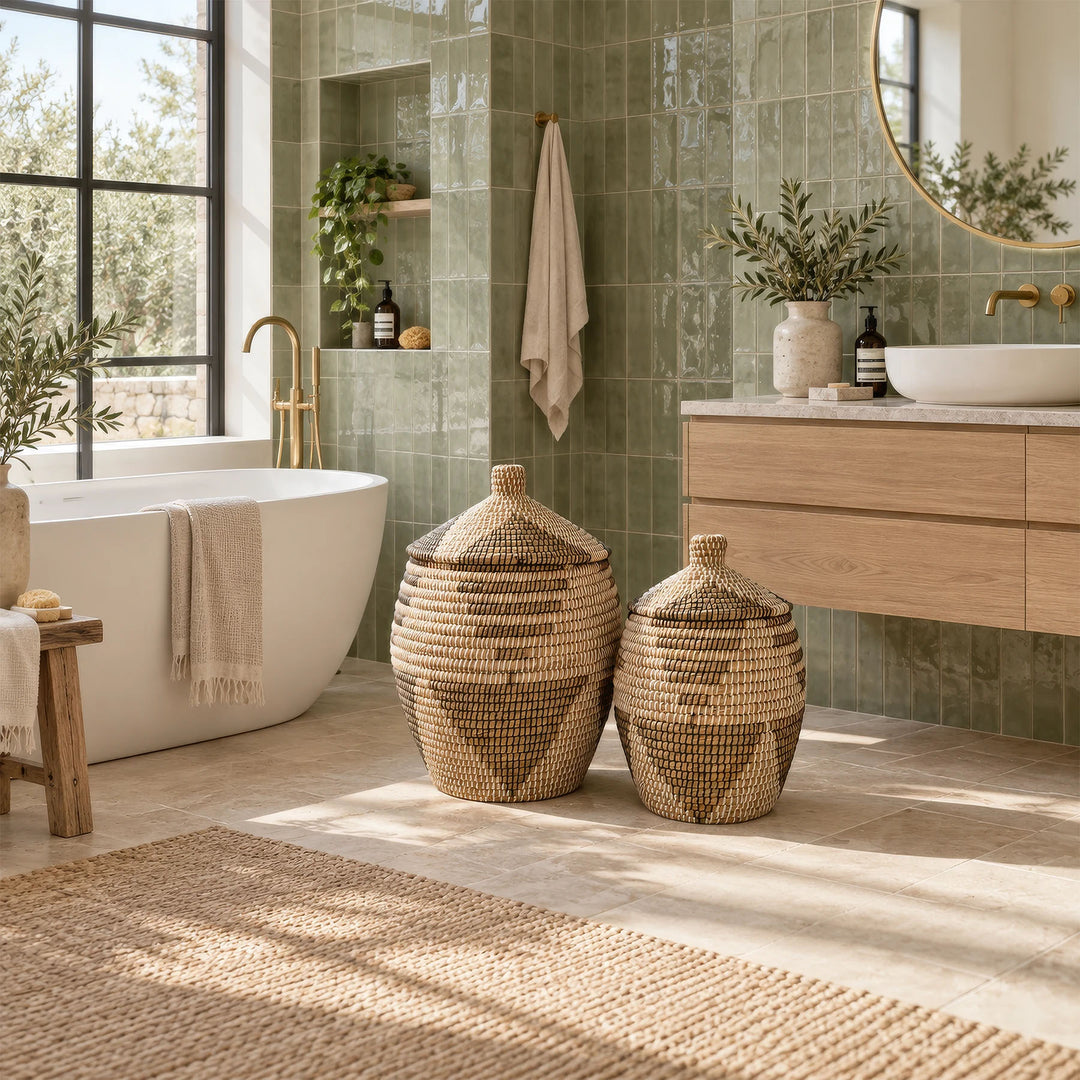 Deux paniers à motifs en jonc de mer à couvercles coniques fermés, entre meuble-vasque et baignoire dans la salle de bains.
