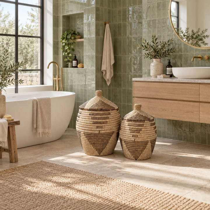 Deux paniers à motifs en jonc de mer à couvercles coniques fermés, entre meuble-vasque et baignoire dans la salle de bains.