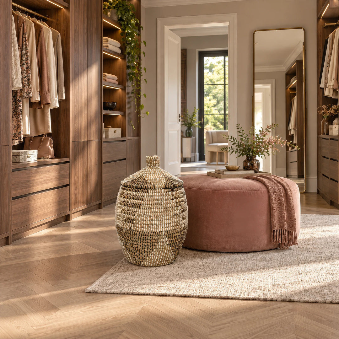Panier en jonc de mer, couvercle conique fermé, dans un dressing près d’un tabouret rond rose.