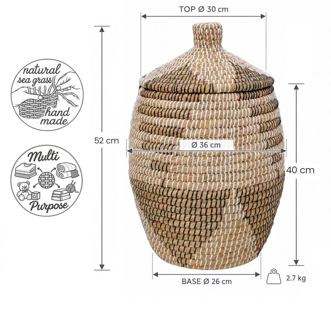 Panier en jonc de mer : hauteurs 52 cm avec et 40 cm sans couvercle ; Ø max. 36, haut 30, base 26 cm ; 2,7 kg.