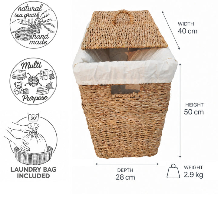 Panier à linge en jonc de mer d'une capacité de 50 litres : 40 cm de largeur, 28 cm de profondeur, 50 cm de hauteur, 2,9 kg ; avec couvercle et sac à linge.