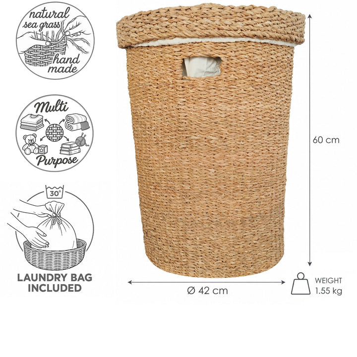 Panier à linge en jonc de mer avec couvercle, d'une capacité de 75 litres, Ø 42 cm, hauteur 60 cm, avec sac à linge amovible.