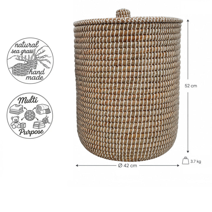 Panier à linge en jonc de mer, couleur naturelle/blanc : Ø 42 cm, hauteur 52 cm, volume d'environ 65 litres et poids de 3,7 kg.