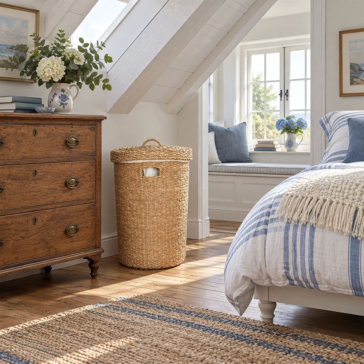 Panier à linge en jonc de mer avec couvercle et d'une capacité de 75 litres, posé à côté d'une commode en bois dans une chambre lumineuse.
