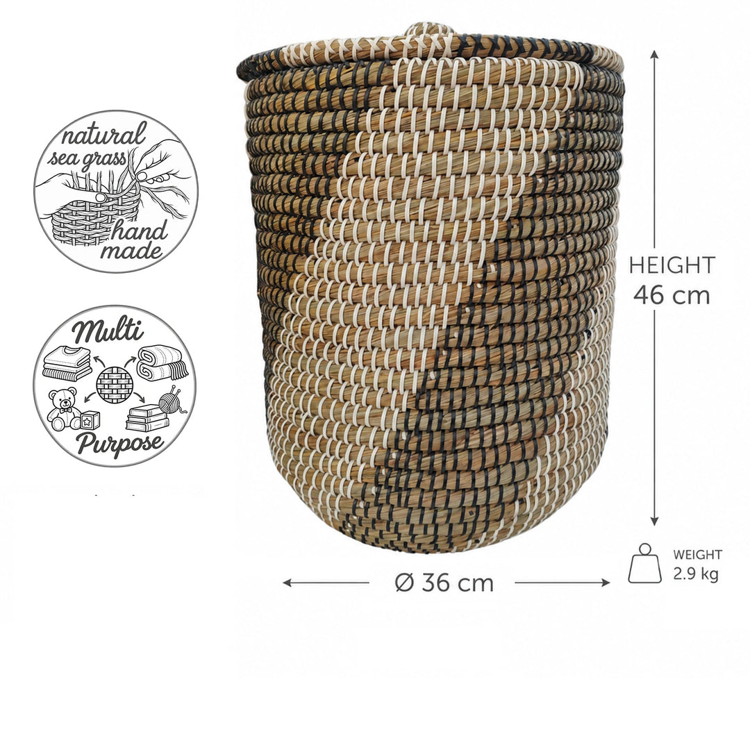 Panier à linge en jonc de mer, disponible en naturel, noir et blanc : Ø 36 cm, hauteur 46 cm, volume d'environ 40 litres et poids de 2,9 kg.