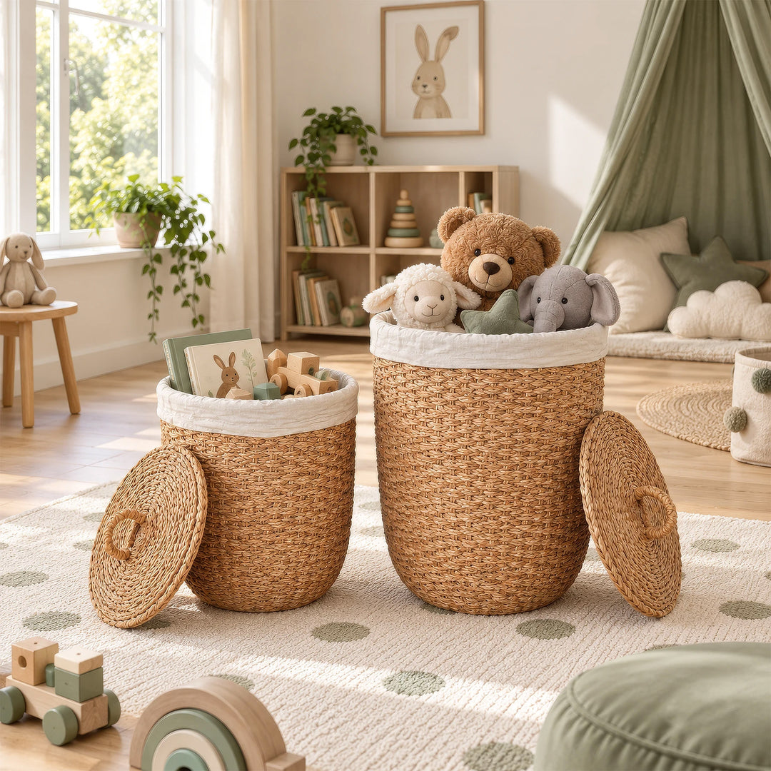 Deux paniers ouverts en jonc de mer, livres, jouets en bois et peluches dans la chambre d'enfant, couvercles à côté.