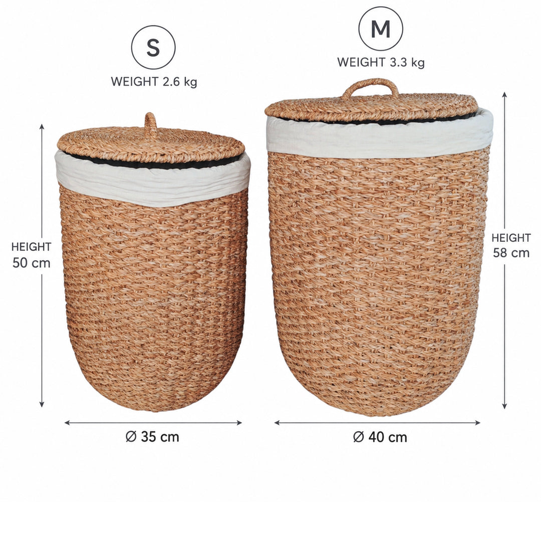 Schéma des paniers en jonc de mer : S Ø 35 × H 50 cm, 2,6 kg ; M Ø 40 × H 58 cm, 3,3 kg, chacun avec couvercle.