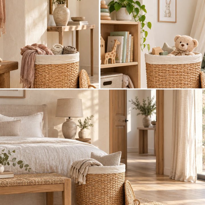 Collage : panier à linge en jonc de mer avec couvercle, pour ranger les écharpes, les jouets et les couvertures dans le couloir, la chambre d'enfant et la chambre à coucher.