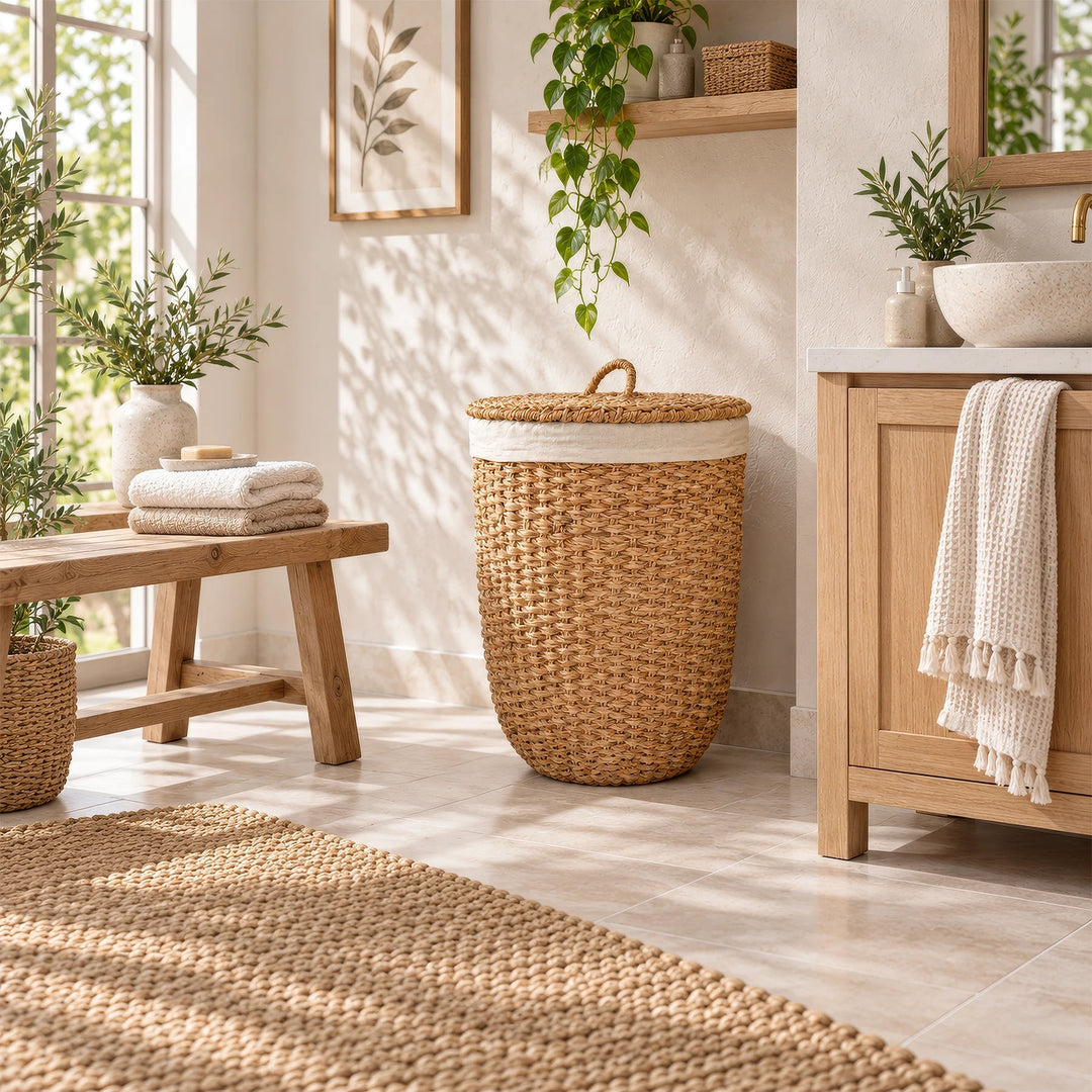Panier à linge avec couvercle, en jonc de mer de couleur naturelle et doté d'un insert en tissu clair, posé à côté d'un meuble-lavabo en bois dans la salle de bains.