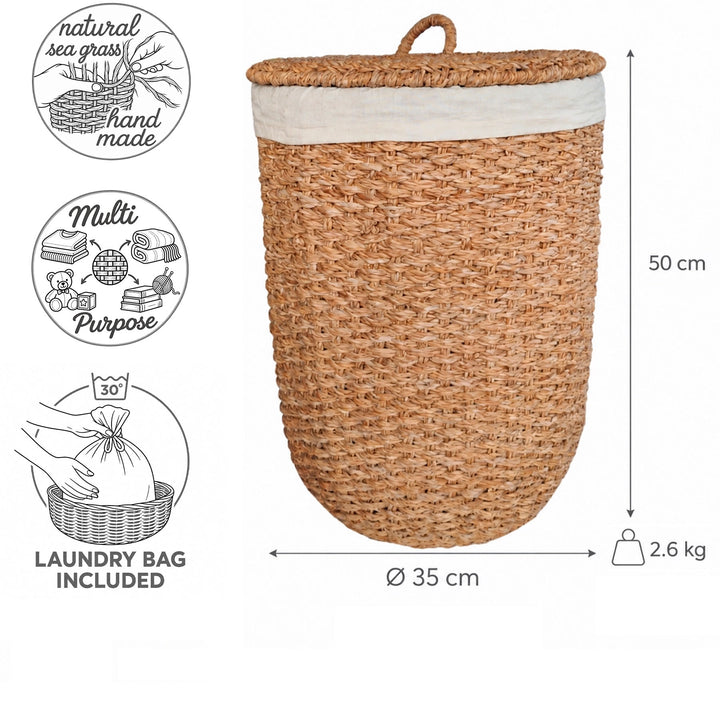 Dimensions du panier à linge avec couvercle en jonc de mer : Ø 35 cm, hauteur 50 cm, 2,6 kg ; sac à linge lavable à 30 °C.