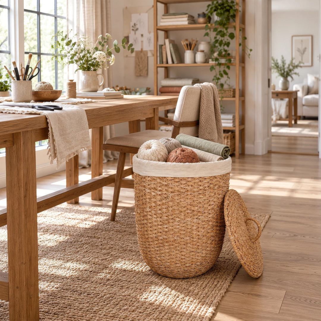 Panier à linge ouvert en jonc de mer avec un empiècement en tissu clair, des rouleaux de laine et de tissu, ainsi qu'un couvercle entrouvert dans la salle de couture.