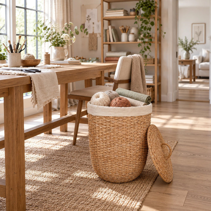 Panier à linge ouvert en jonc de mer avec un empiècement en tissu clair, des rouleaux de laine et de tissu, ainsi qu'un couvercle entrouvert dans la salle de couture.