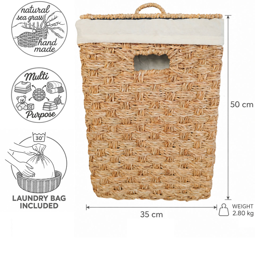 Dimensions du panier à linge carré en jonc de mer avec couvercle : 35 × 35 cm, hauteur 50 cm, capacité d'environ 55 litres, poids 2,8 kg.