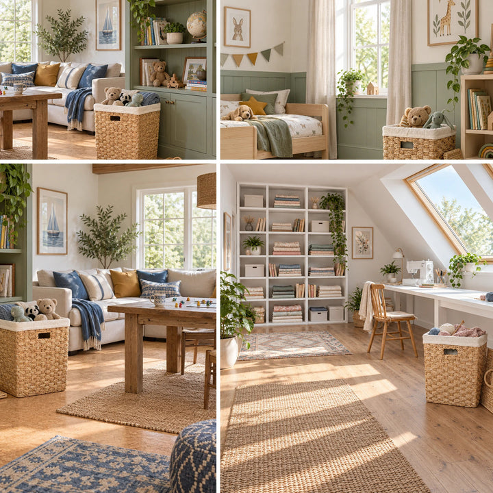 Collage : panier carré en jonc de mer, d'une capacité d'environ 55 litres, destiné à accueillir des peluches et de la laine dans le salon, la chambre d'enfant ou l'atelier de couture.