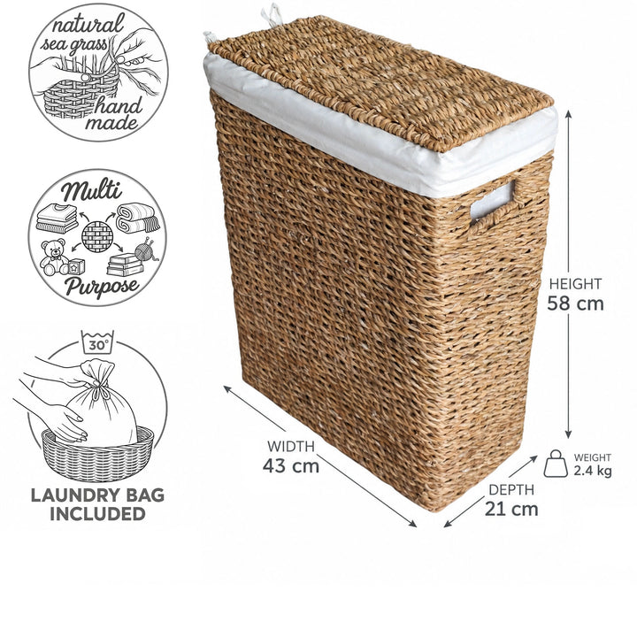 Panier à linge étroit en jonc de mer d'une capacité de 45 litres : 43 × 21 × 58 cm (L × P × H), 2,4 kg, avec couvercle et sac à linge.