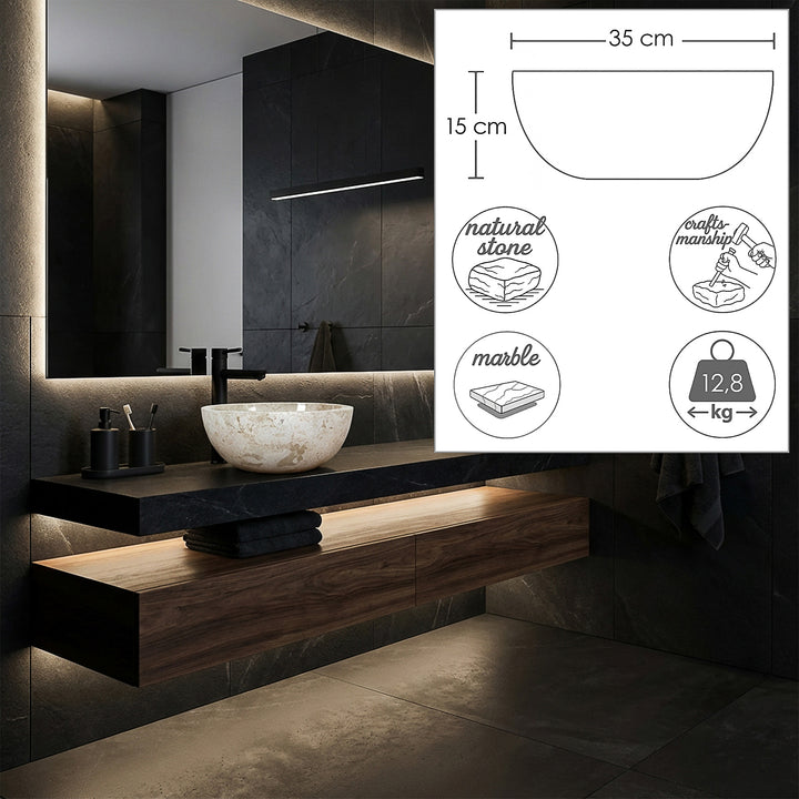 Vasque à poser ronde en marbre clair sur lavabo foncé, complétée par des graphiques dimensionnels avec diamètre, hauteur et poids