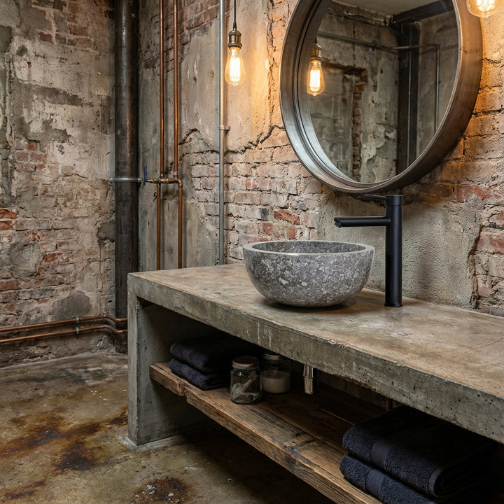 Marbre rond Lavabo comme vasque à poser sur console en béton, lavabo en pierre dans la salle de bain industrielle avec robinetterie
