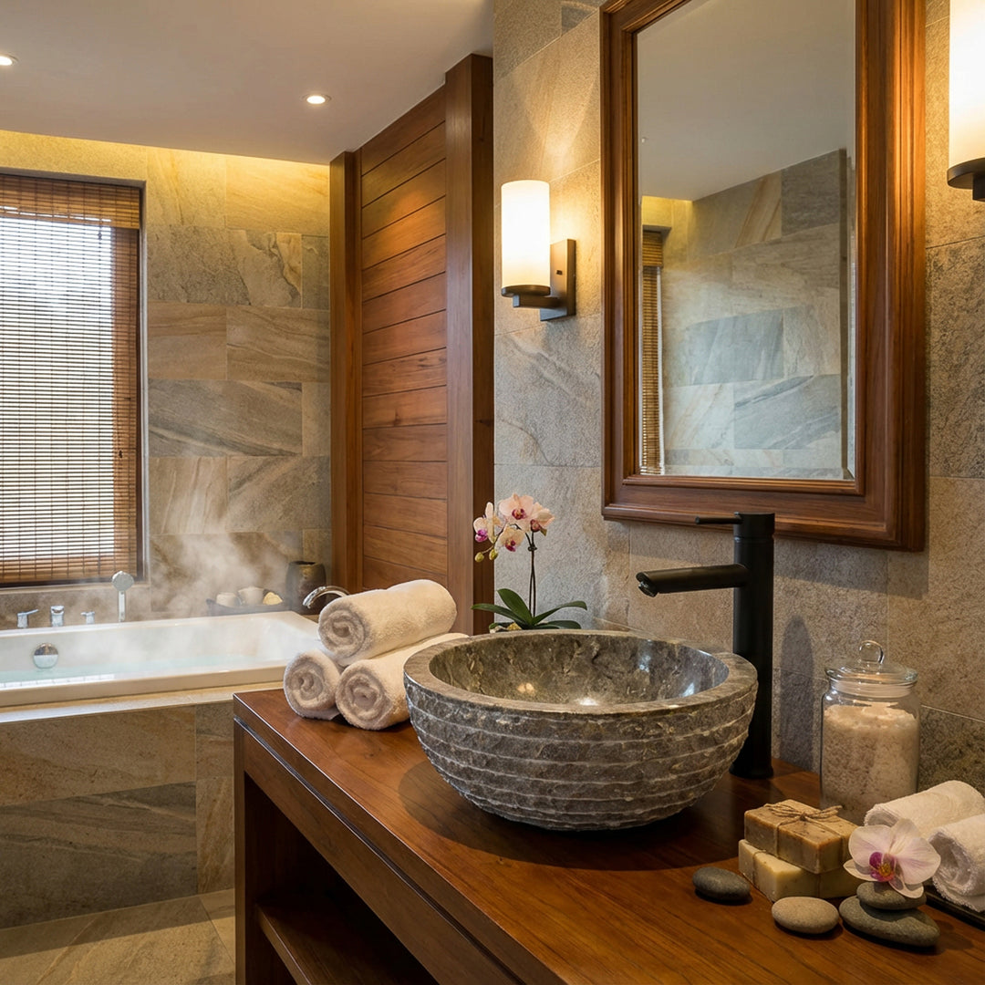 Rond Lavabo en marbre sur une console en bois, salle de bain élégante avec baignoire, carrelage en pierre naturelle et lumière chaude