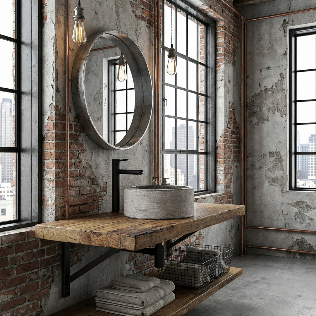 Rond Lavabo en aspect marbre sur une console en bois rustique, mise en scène dans une salle de bains urbaine et industrielle au caractère loft.