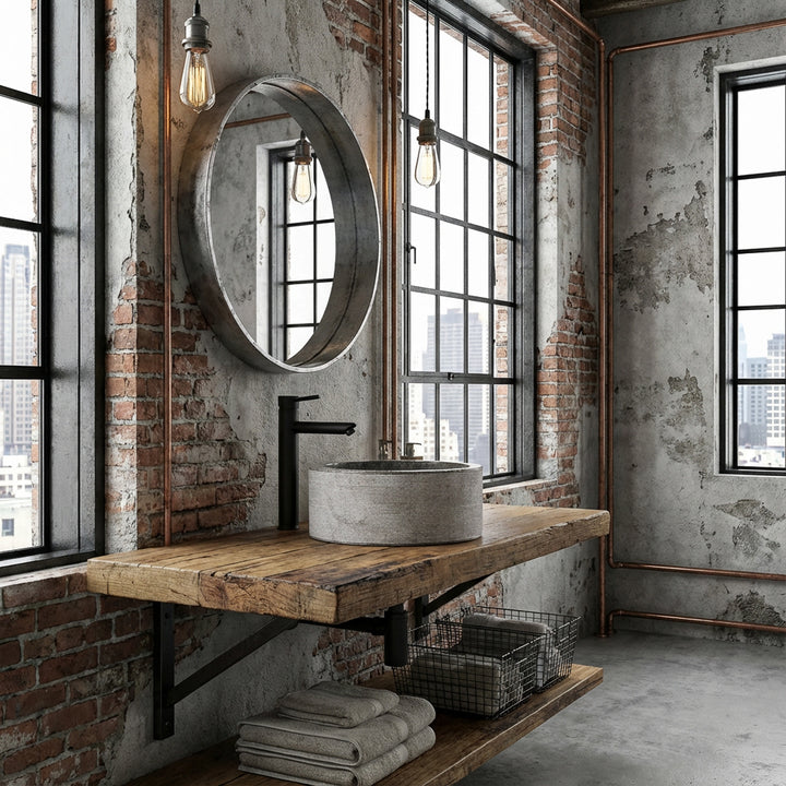 Rond Lavabo en aspect marbre sur une console en bois rustique, mise en scène dans une salle de bains urbaine et industrielle au caractère loft.