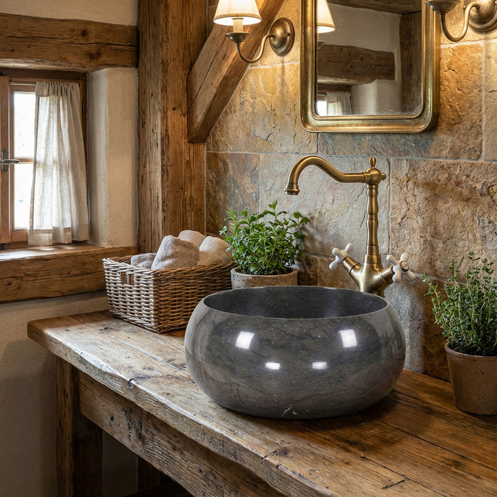 Lavabo rond en pierre naturelle sur une table en bois rustique dans une salle de bains confortable avec raccords en laiton et lumière chaude